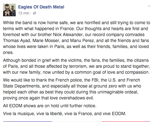 eagles of death  metal messaggio parigi