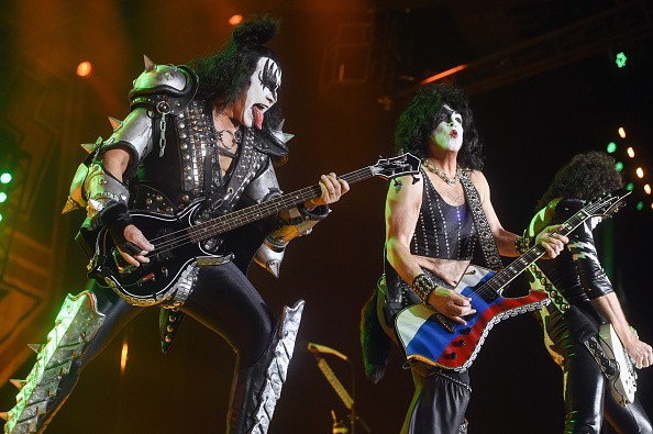 MOSCOW, RUSSIA - MAY 01: Bassist of American hard rock band Kiss Gene Simmons (L) and singer Paul Stanley (R) perform during their concert  at the Olimpiysky Sports Complex on May 1, 2017 in Moscow, Russia. (Photo by Kristina Kormilicyna/Kommersant via Getty Images)